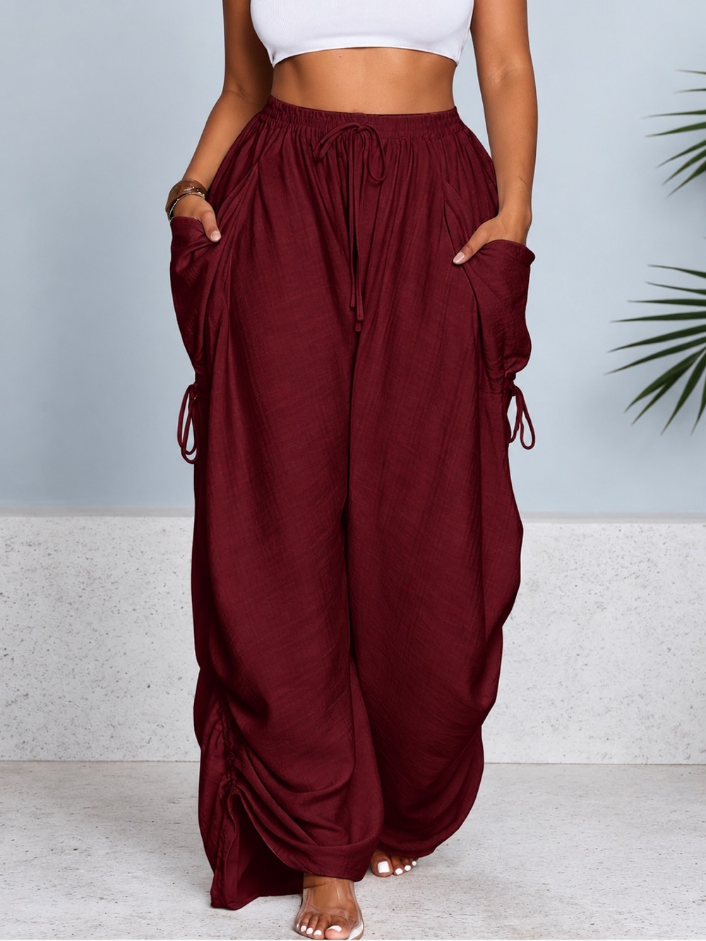 Wide Leg Drawstring Palazzo Pants in Burgundy
